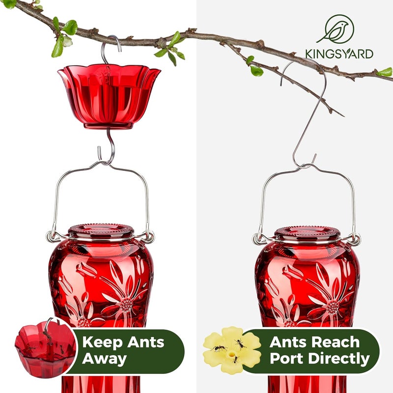 Kingsyard Glass Hummingbird Feeders for Outdoors Hanging, Hummingbird Nectar Feeder with Ant Moat & 6 Bee Guard Feeding Ports, 25 Ounces Leak Proof (Red) - Image 4